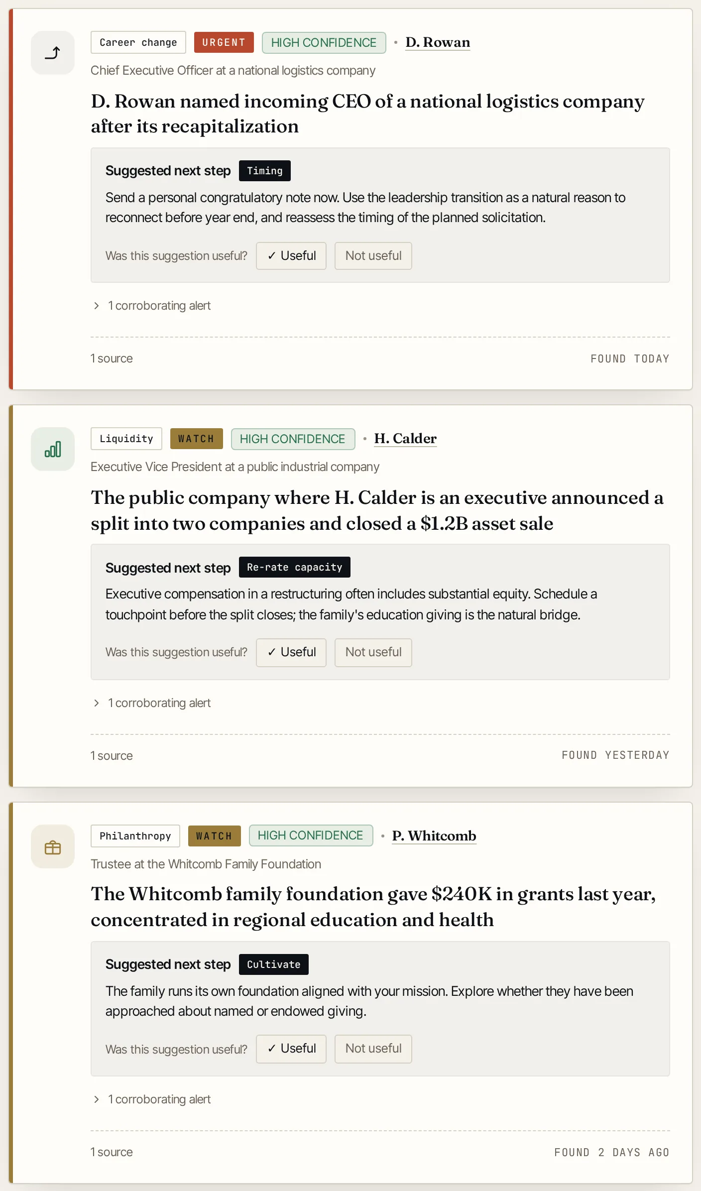 Event cards from the Signals page, on fictional donors, each with a suggested next step and its cited source: D. Rowan named incoming CEO of a national logistics company (urgent), and a company split and asset sale at H. Calder's employer (watch).